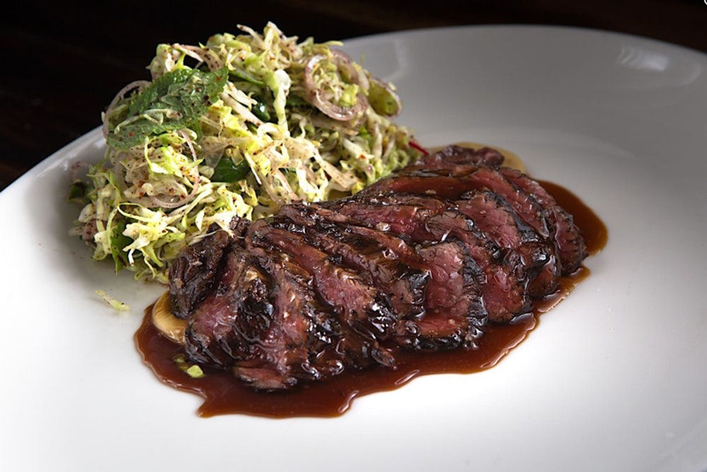 Burnt Ends steak and slaw with sauce